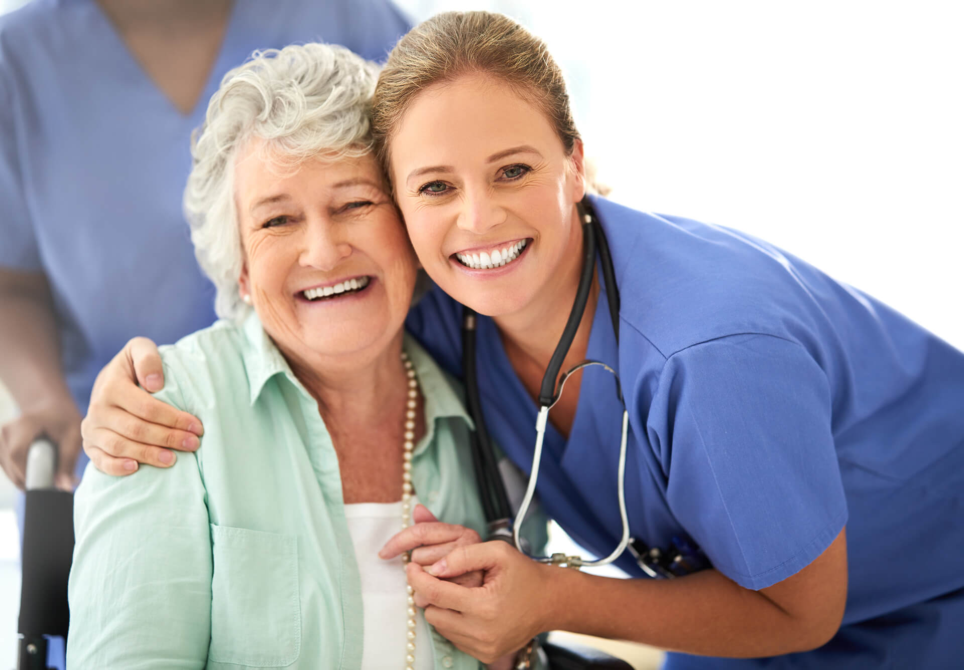 Smiling senior woman with her caring nurse, showing trust and compassion at Sunshine Home Care Services Florida